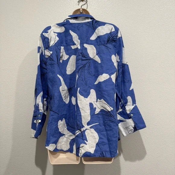 Chicos Linen Button Up Blouse Top Size 12 Floral Tropical Blue & White Coastal - Picture 5 of 12